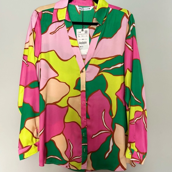 Zara Tops - Zara Pink and Green Floral Button Down Shirt